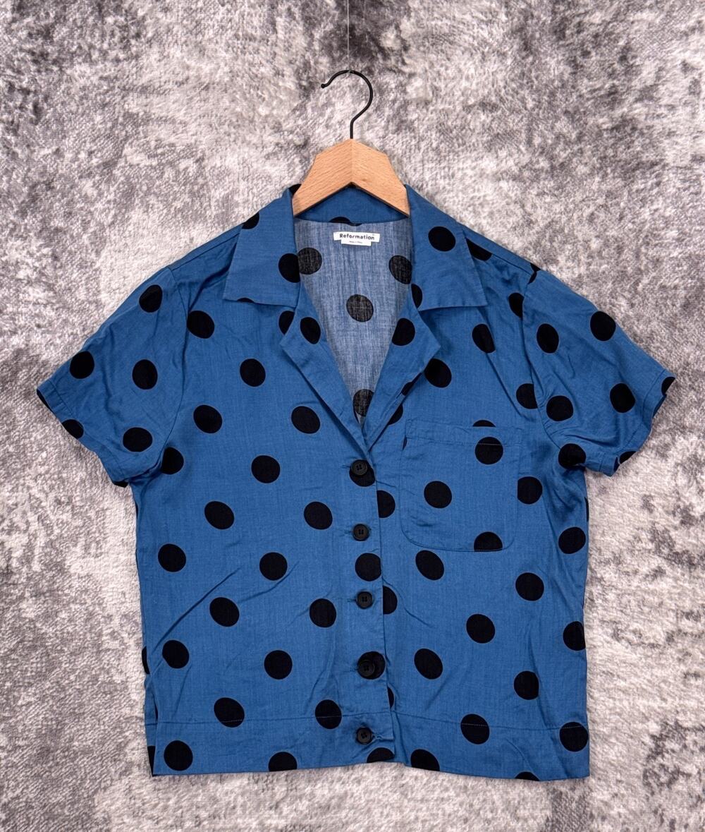 Reformation Top Small Womens Blue Polka Dot Short Sleeve Boxy Chambray Shirt